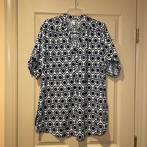 PerSeption Concept Navy/White Blouse, Roll Sleeve, Gold Button Detail, Size XL